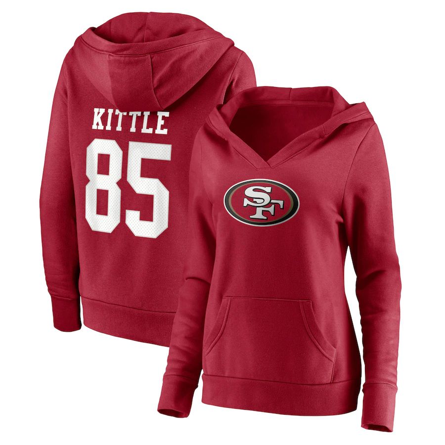 Women San Francisco 49ers 85 George Kittle Fanatics Branded Scarlet Player Icon Name & Number Pullover Hoodie